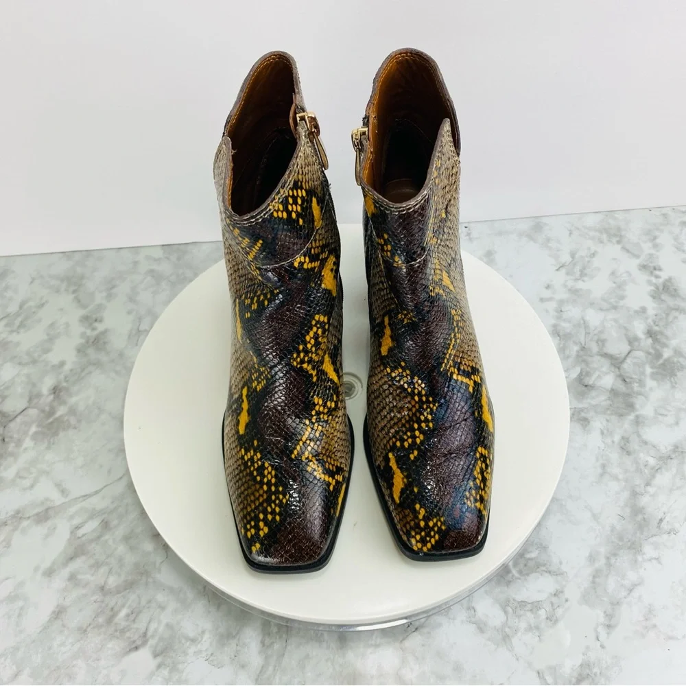 Franco Sarto Leather Ankle Boots 6.5 Lizzard Brown Yellow Zip Block‎ Heel Square
